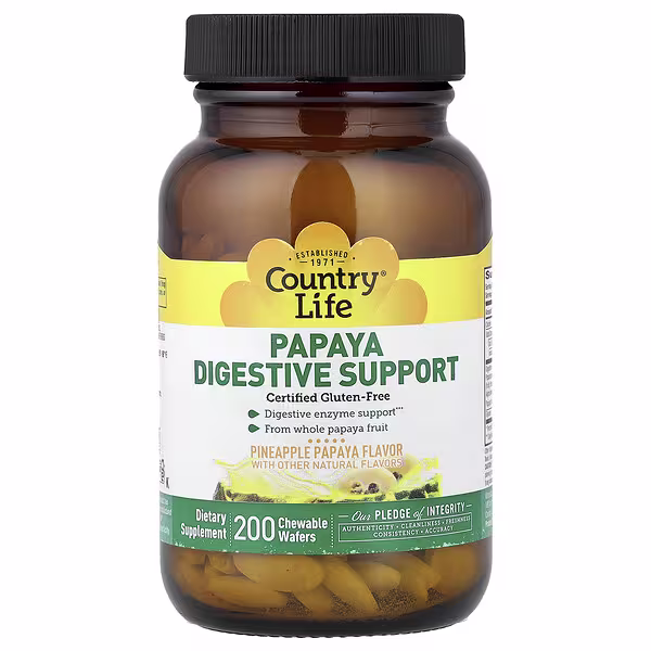Country Life, Papaya Digestive Support, Pineapple Papaya, 200 Chewable Wafers