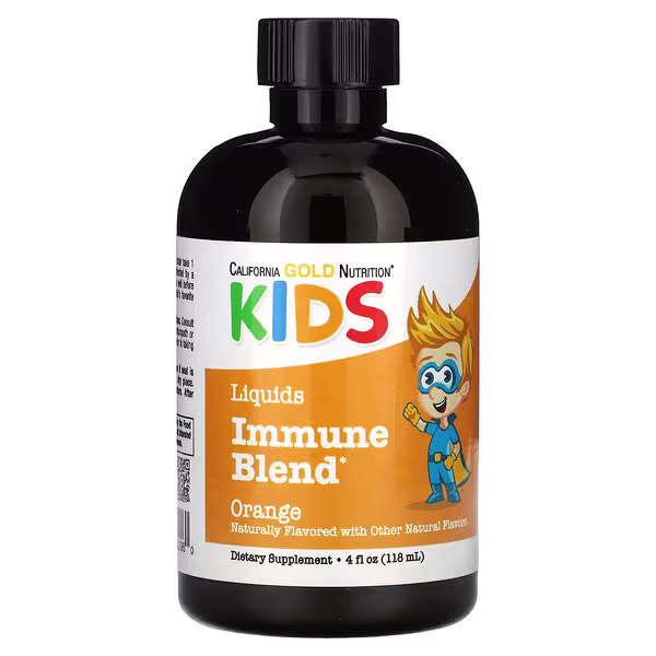 California Gold Nutrition, Liquid Immune Blend with Olive Leaf Extract, St. John's Wort Extract and Colloidal Silver for Children, No Alcohol, Orange, 4 fl oz (118 ml)