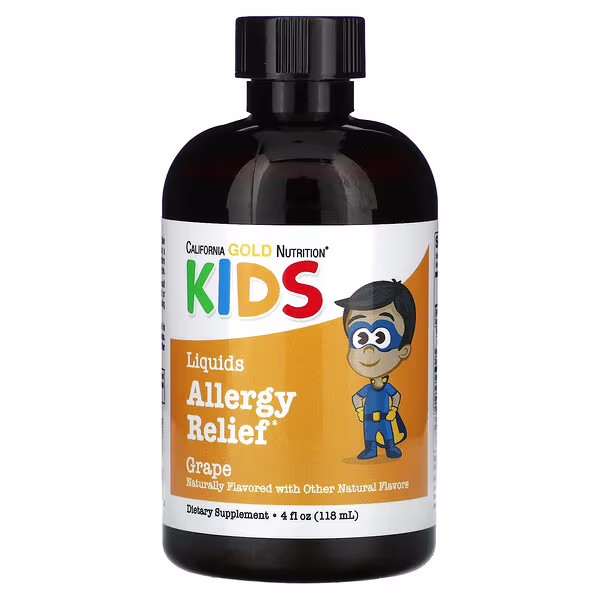 California Gold Nutrition, Liquid Allergy Relief with Elderberry Extract, Vitamin C, Amla Powder and Bromelain for Children, No Alcohol, Grape, 4 fl oz (118 ml)