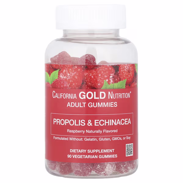 California Gold Nutrition, Propolis and Echinacea Gummies, Natural Raspberry, 90 Vegetarian Gummies