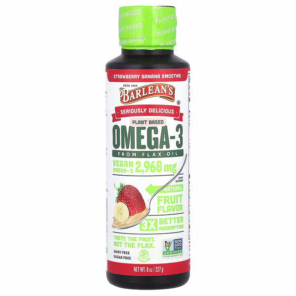 Barlean's, Seriously Delicious®, Plant Based Omega-3 from Flax Oil, Strawberry Banana Smoothie, 2,968 mg, 8 oz (227 g)