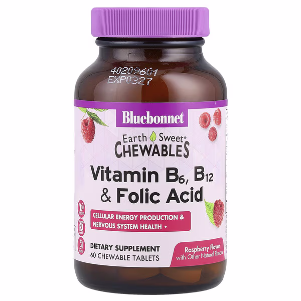 Bluebonnet Nutrition, Earth Sweet® Chewables, Vitamin B6, B12 & Folic Acid, Raspberry, 60 Chewable Tablets
