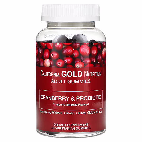 California Gold Nutrition, Cranberry & Probiotic Gummies with Cranberry Concentrate, Fructooligosaccharides and Bacillus coagulans, Natural Cranberry, 90 Vegetarian Gummies