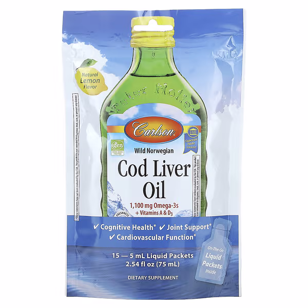 Carlson, Wild Norwegian Cod Liver Oil, Natural Lemon, 15 Liquid Packets, 0.17 fl oz (5 ml) Each