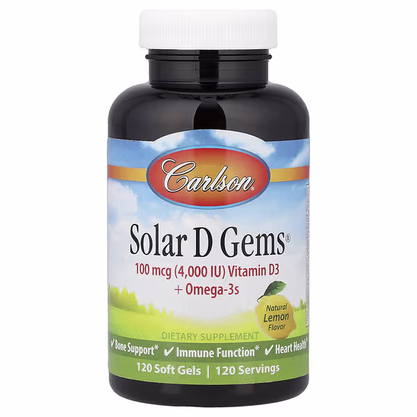 Carlson, Solar D Gems®, Vitamin D3 + Omega-3s, Natural Lemon, 120 Soft Gels