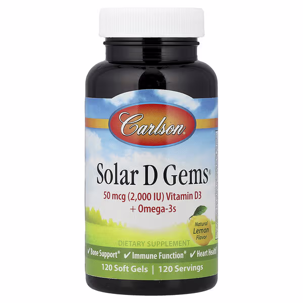 Carlson, Solar D Gems® , Vitamin D3 + Omega-3s, Natural Lemon, 120 Soft Gels