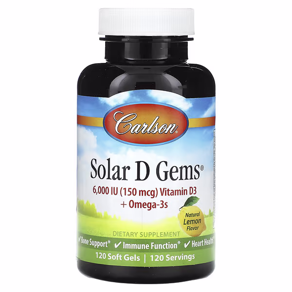 Carlson, Solar D Gems® , Vitamin D3 + Omega-3s, Natural Lemon, 120 Soft Gels