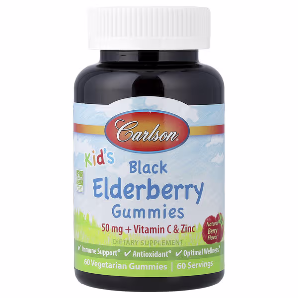 Carlson, Kid's Black Elderberry Gummies + Vitamin C & Zinc, Natural Berry, 60 Vegetarian Gummies