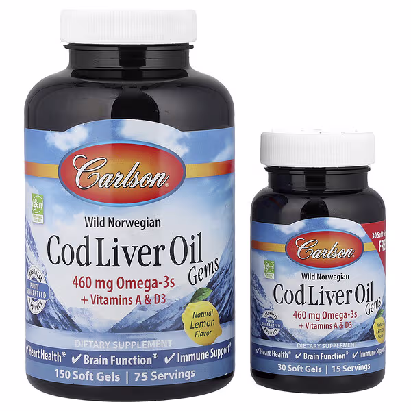 Carlson, Wild Norwegian, Cod Liver Oil Gems, Lemon, 150 + 30 Soft Gels