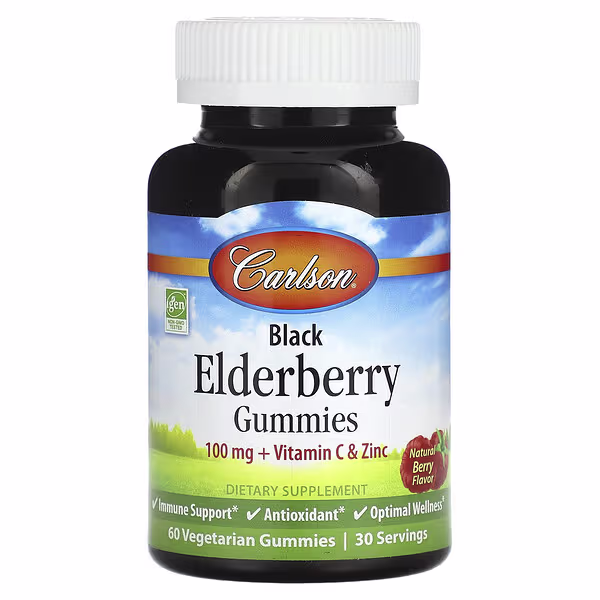 Carlson, Black Elderberry Gummies, Natural Berry, 60 Vegetarian Gummies