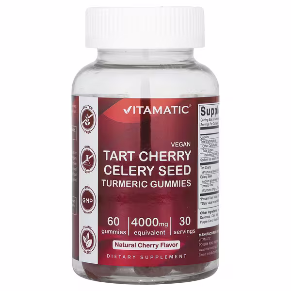 Vitamatic, Vegan, Tart Cherry Celery Seed Turmeric Gummies, Natural Cherry, 60 Gummies