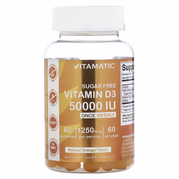Vitamatic, Sugar Free Vitamin D3, Natural Orange, 50,000 IU, 60 Gummies
