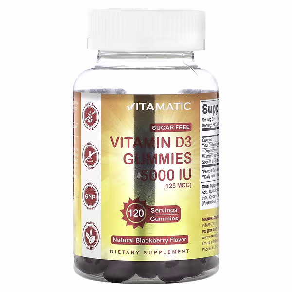 Vitamatic, Sugar Free Vitamin D3 Gummies, Natural Blackberry, 125 mcg (5,000 IU ), 120 Gummies