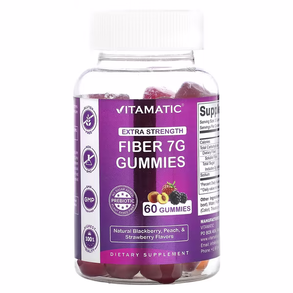 Vitamatic, Fiber Gummies, Natural Blackberry, Peach, & Strawberry, 60 Gummies