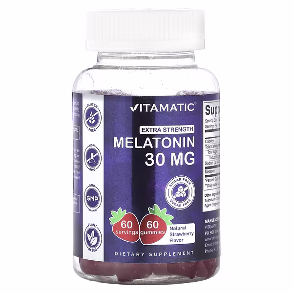 Vitamatic, Melatonin Gummies, Natural Strawberry, 30 mg, 60 Gummies