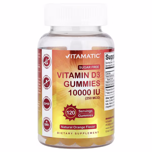 Vitamatic, Vitamin D3 Gummies, Natural Orange, 250 mcg (10,000 IU), 120 Gummies