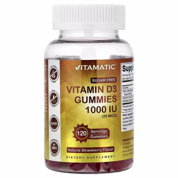 Vitamatic, Vitamin D3 Gummies, Natural Strawberry, 1,000 IU (25 mcg), 120 Gummies
