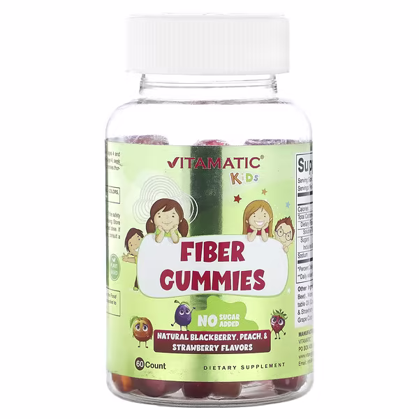 Vitamatic, Kids Fiber Gummies, Natural Blackberry, Peach & Strawberry Flavors, 60 Gummies
