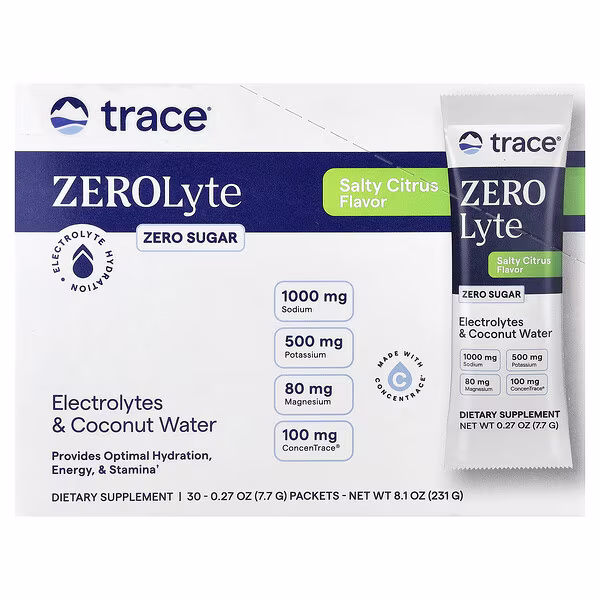 Trace, ZEROLyte, Electrolytes & Coconut Water, Salty Citrus, 30 Packets, 0.27 oz (7.7 g) Each