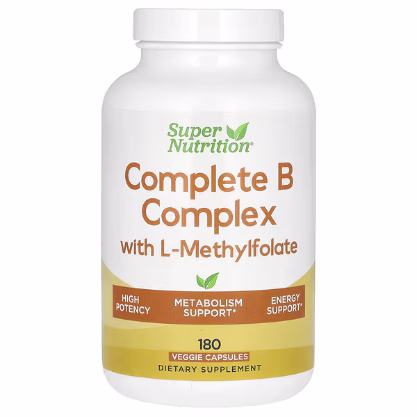 Super Nutrition, Complete B Complex with L-Methylfolate with Biotin, Pantothenic Acid, Niacin and Vitamin B12, 180 Veggie Capsules