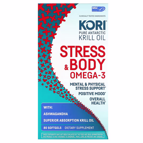 Kori, Pure Antarctic Krill Oil, Stress & Body Omega-3 with Ashwagandha, 80 Softgels