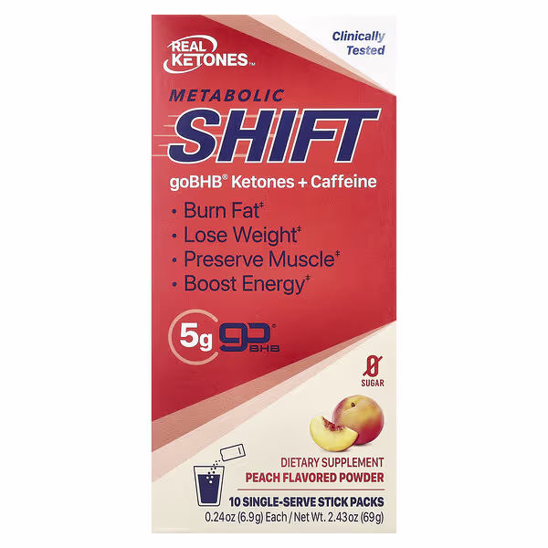 Real Ketones, Metabolic Shift, Peach, 10 Single-Serve Stick Packs, 0.24 oz (6.9 g) Each