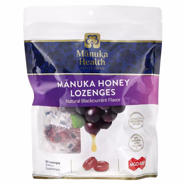 Manuka Health, Manuka Honey Lozenges, Natural Blackcurrant, MGO 400+, 58 Lozenges