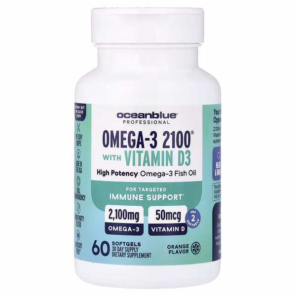 OceanBlue, Professional, Omega-3 2100® With Vitamin D, High Potency, Orange, 60 Softgels