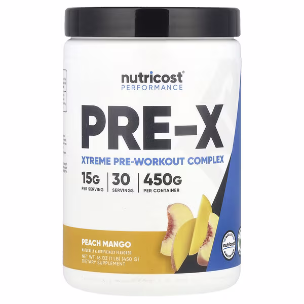 Nutricost, Performance, Pre-X, Xtreme Pre-Workout Complex, Peach Mango, 1 lb (450 g)