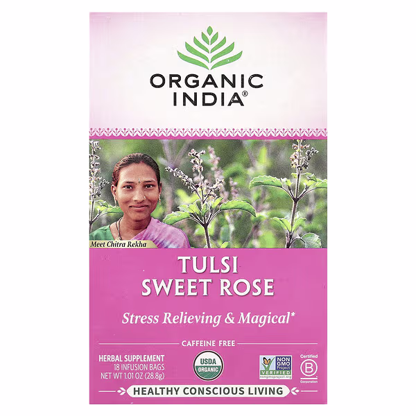 Organic India, Tulsi Sweet Rose Tea, Caffeine Free, 18 Infusion Bags, 1.01 oz (28.8 g)