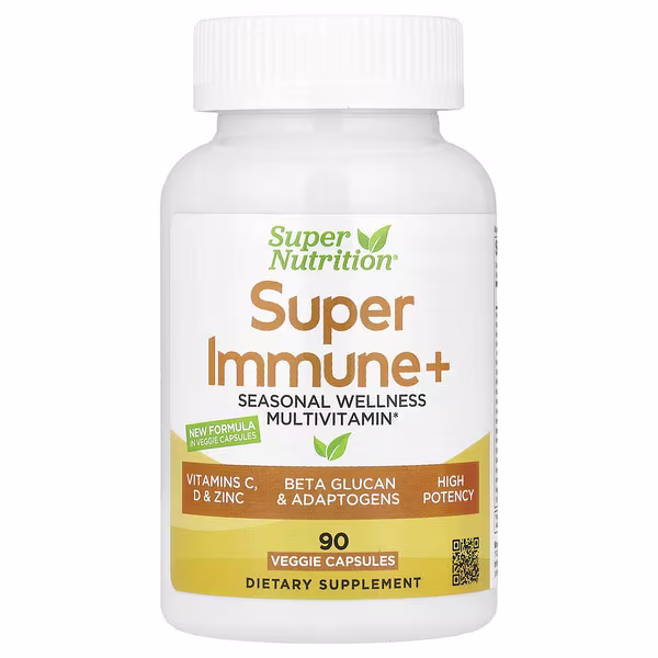 Super Nutrition, Super Immune+ Multivitamin with Super Adaptogens, Vitamin C, Vitamin D, Zinc, and Beta Glucan, 90 Veggie Capsules