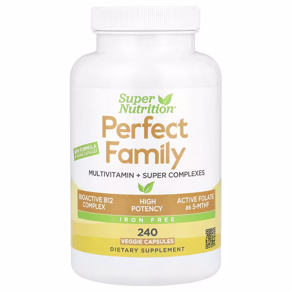 Super Nutrition, Perfect Family Multivitamin + Vitamin A, Methyl B12, Folate, Vitamin C, and Biotin, Iron Free, 240 Veggie Capsules