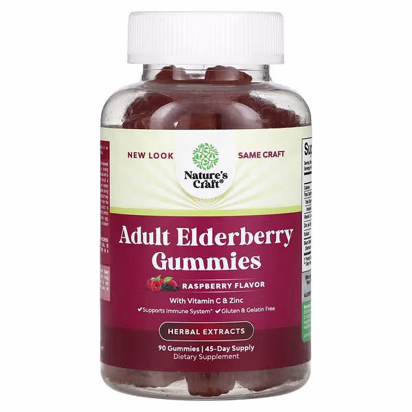 Nature's Craft, Adult Elderberry Gummies with Vitamin C & Zinc, Raspberry, 90 Gummies