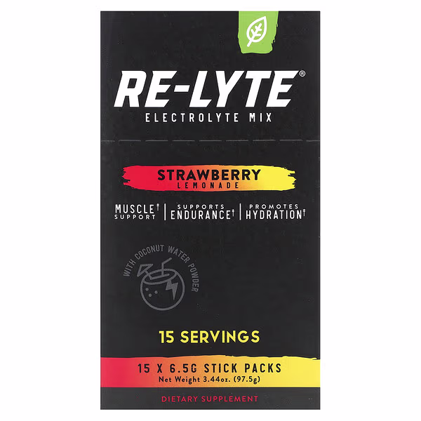 Redmond, Re-Lyte, Electrolyte Mix, Strawberry Lemonade, 15 Stick Packs, 0.23 oz (6.5 g) Each