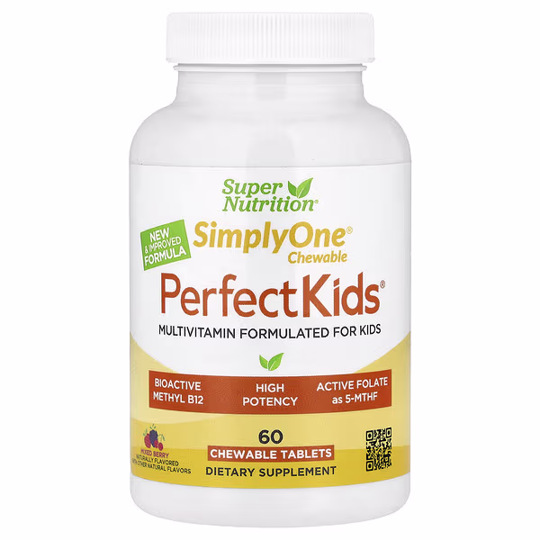 Super Nutrition, Simply One®, Perfect Kid's® Multivitamin with B12, Blueberry, Spices, Vitamin A, and Folate, 60 Chewable Tablets