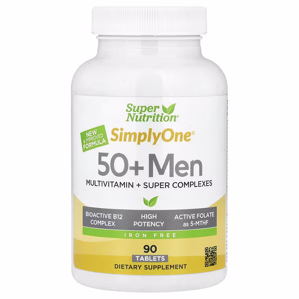Super Nutrition, Simply One, Men's 50+ Multivitamin with Super Adaptogens, Greens, Spices, & Antioxidant, Iron Free, 90 Tablets