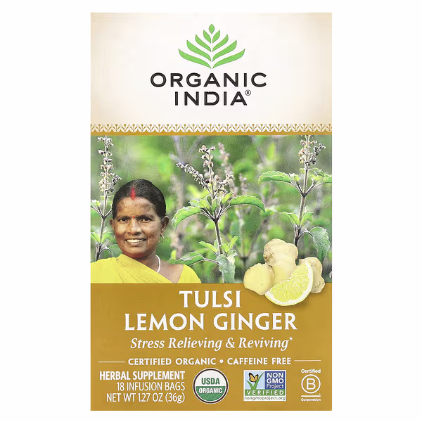 Organic India, Tulsi Lemon Ginger Tea, Caffeine-Free, 18 Infusion Bags, 1.27 oz (36 g)