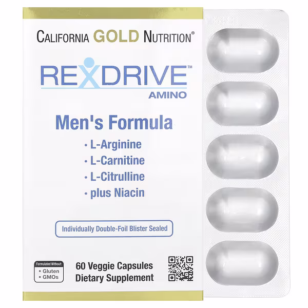California Gold Nutrition, Rexdrive™ Amino with L-Arginine HCl, L-Citrulline, Acetyl-L-Carnitine Arginate DiHydrochloride, and Glycine Propionyl-L-Carnitine HCl, Men's Formula, 60 Veggie Capsules