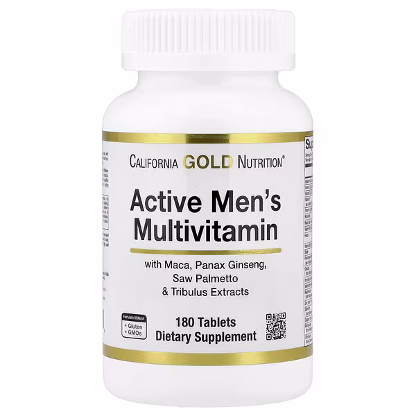 California Gold Nutrition, Active Men's Multivitamin with Panax Ginseng Extract, Maca, Saw Palmetto, and Tribulus, 180 Tablets