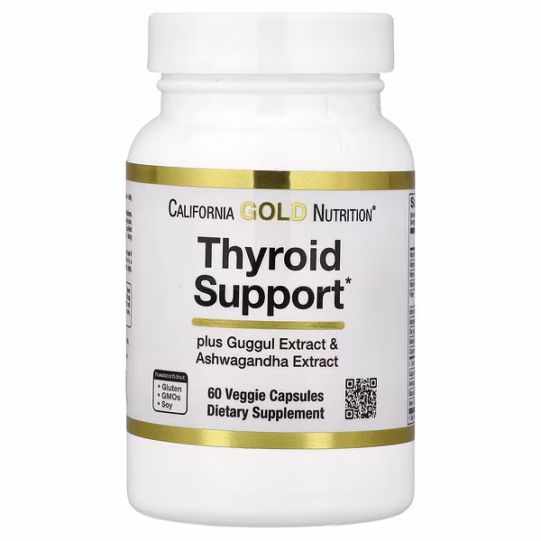 California Gold Nutrition, Thyroid Support with Guggul, Ashwagandha, Bacopa and Green Tea Extracts, 60 Veggie Capsules