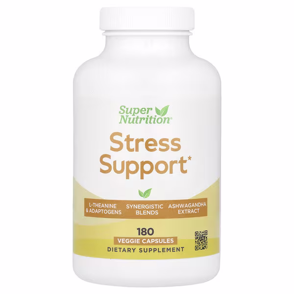 Super Nutrition, Stress Support with L-Theanine, Ashwaghanda, Botanical Blend, and Enzymes, 180 Veggie Capsules