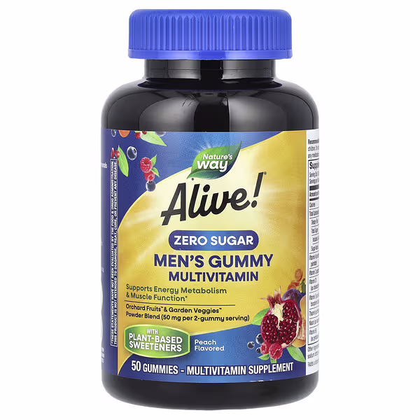 Nature's Way, Alive! Men's Gummy Multivitamin, Zero Sugar, Peach, 50 Gummies