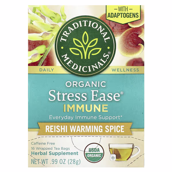 Traditional Medicinals, Organic Stress Ease® Immune, Reishi Warming Spice, Caffeine Free, 16 Wrapped Tea Bags, 0.99 oz (28 g)