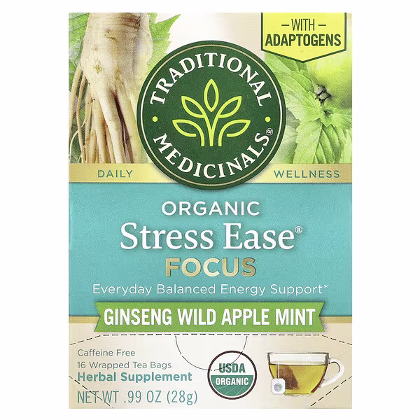 Traditional Medicinals, Organic Stress Ease® Focus, Ginseng Wild Apple Mint, Caffeine Free, 16 Wrapped Tea Bags, 0.99 oz (28 g)