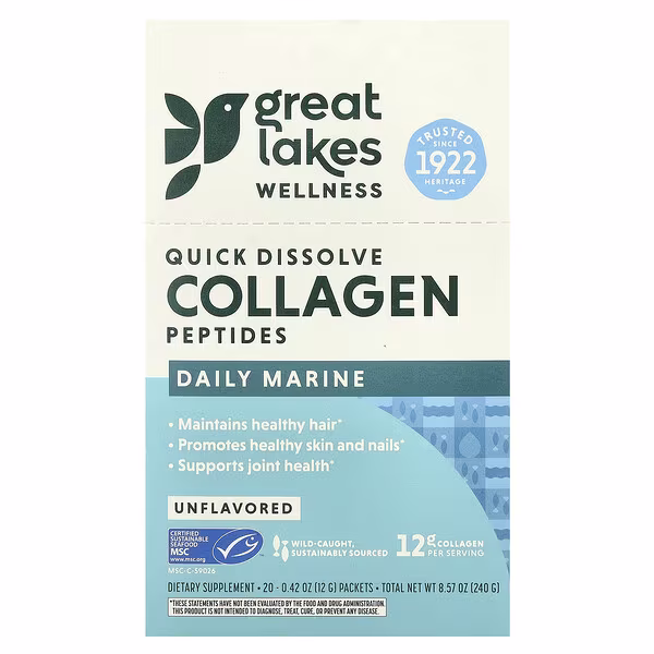 Great Lakes Wellness, Quick Dissolve Collagen Peptides, Daily Marine, Unflavored, 20 Packets, 0.42 oz (12 g) Each