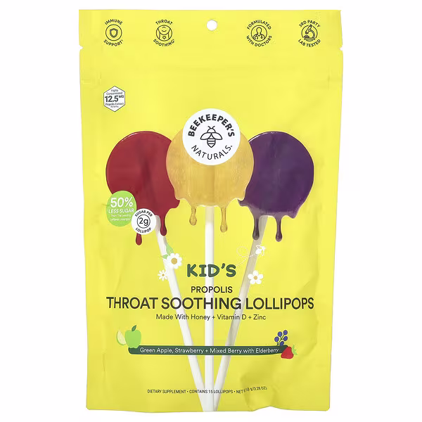 Beekeeper's Naturals, Kids Propolis Throat Soothing Lollipops, Green Apple, Strawberry + Mixed Berry with Elderberry, 15 Lollipops
