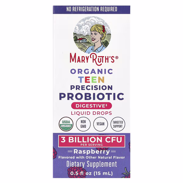 MaryRuth's, Organic Teen Precision Probiotic, Liquid Drops, Raspberry, 3 Billion CFU, 0.5 fl oz (15 ml)