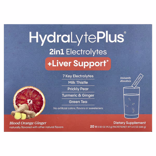 Hydralyte, HydraLyte Plus® +Liver Support, Blood Orange Ginger, 20 Packets, 0.32 oz (9.2 g) Each