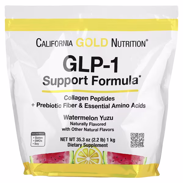 California Gold Nutrition, GLP-1 Support Formula with Collagen Peptides, Prebiotic Fiber & Essential Amino Acids, Watermelon Yuzu, 2.2 lb (1 kg)