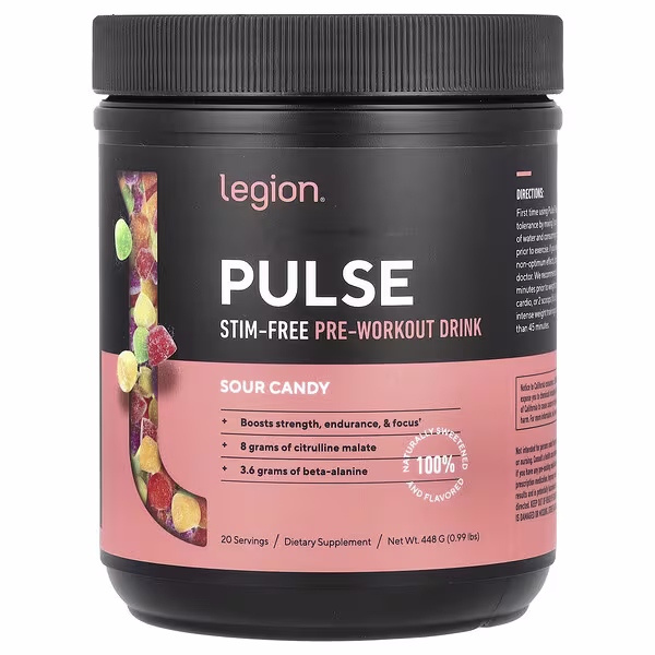 Legion Athletics, Pulse, Stim-Free Pre-Workout Drink, Sour Candy, 0.99 lbs (448 g)